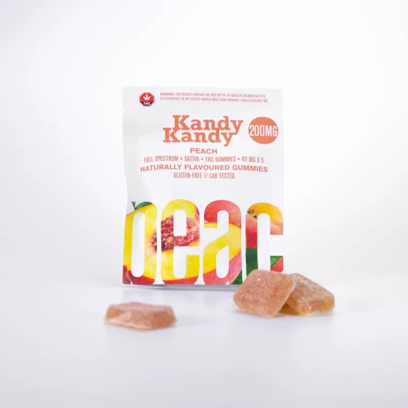 Peach-flavored Kandy Kandy THC gummies, 200mg Sativa, gluten-free and lab-tested.
