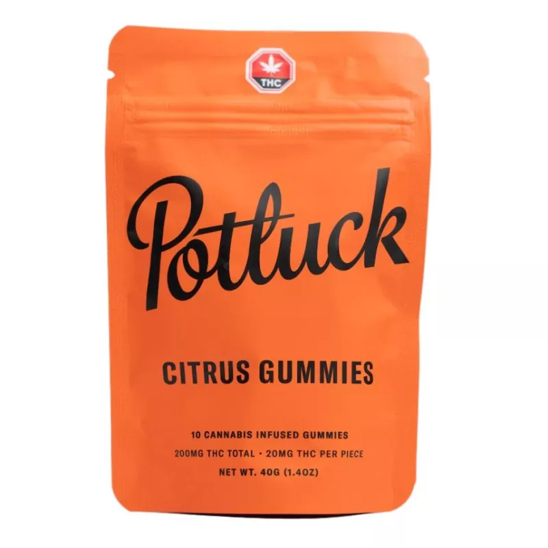 Potluck Citrus Gummies, 200mg THC, 10-Pack Edibles with Dosage Info