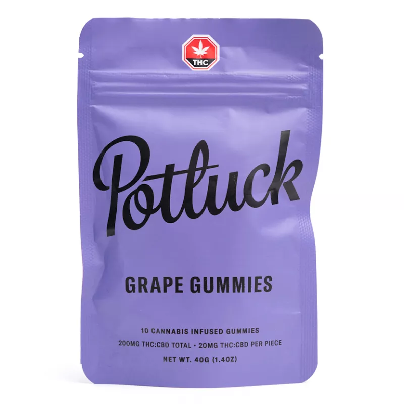 Potluck Grape Gummies with 200mg THC/CBD - Cannabis-Infused Edible Packaging.