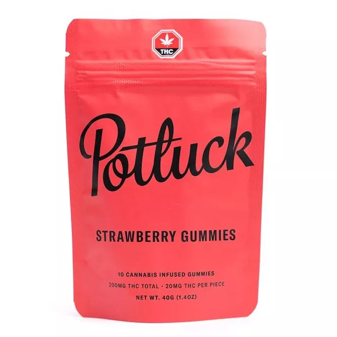 Potluck Strawberry Gummies with 200mg THC, cannabis-infused edible, 40g package.