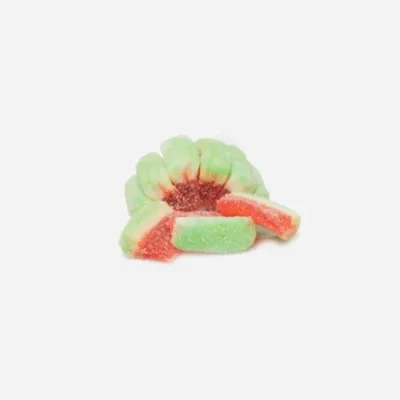 Sativa THC gummies, watermelon flavor with sugar coating, colorful and appetizing.
