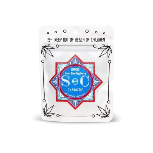 SeC Sour Blue Raspberry 7-pack THC Gummies with child safety warning.