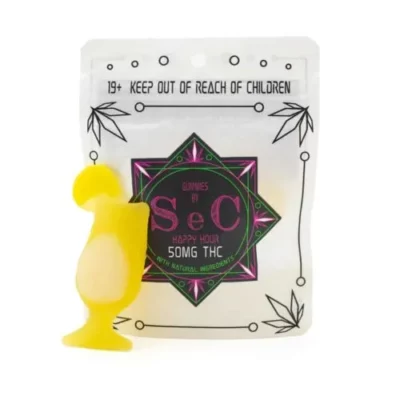 SeC 50mg THC Happy Hour Gummies, 19+ age-restricted packaging with cocktail-shaped candy.