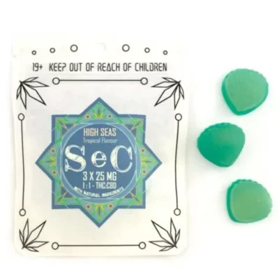 SeC High Seas Tropical Gummies with 75mg THC/CBD, child safety warning displayed.