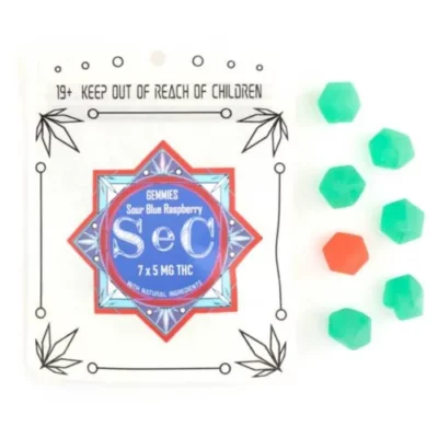 SeC Sour Blue Raspberry THC Gummies, 7x5mg, with natural ingredients and safety warning.