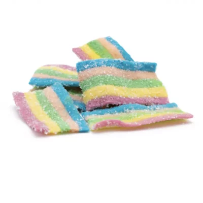 Colorful sour gummy belts with sugary sparkle, offering a tangy chewy treat.