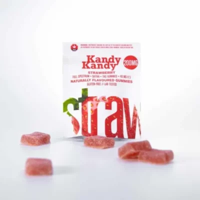 Strawberry gummies from Kandy Kandy, 200mg pack scattered on white background.