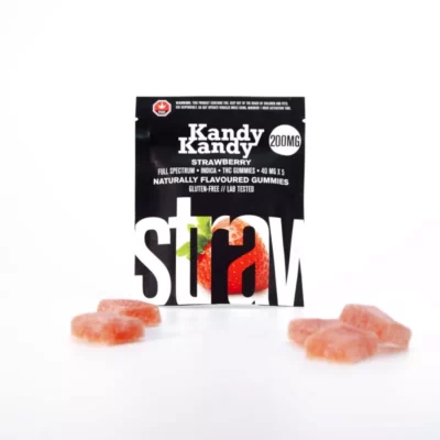 Kandy Kandy Strawberry 200mg Indica THC Gummies, gluten-free and lab-tested.