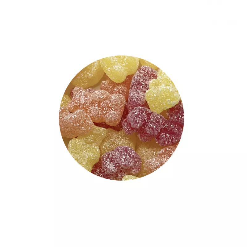 Assorted sugar-coated gummy bears in circular display, vibrant and textured.