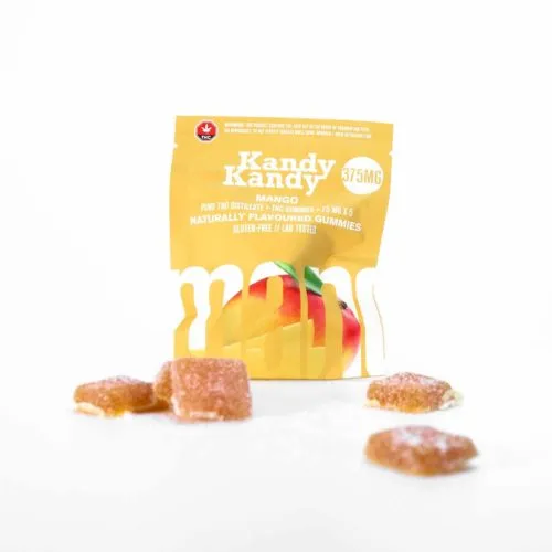 Kandy Kandy mango-flavored gummies with 375mg THC, sugar-coated and naturally flavored.