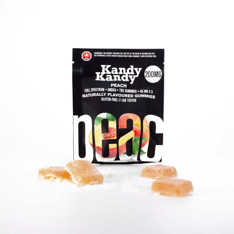 200mg THC Indica Peach Gummies by Kandy Kandy, gluten-free and lab-tested.