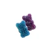 Two sugar-coated gummy bears, one blue and one purple, on a white background.