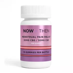 Bottle of gummy supplements for menstrual pain relief, featuring pink and purple design.