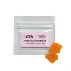 White pouch of Now + Then menstrual pain relief gummies with two orange gummies.