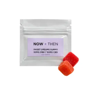 Now + Then Sweet Dreams Gummy pouch with two red-orange gummies beside it.