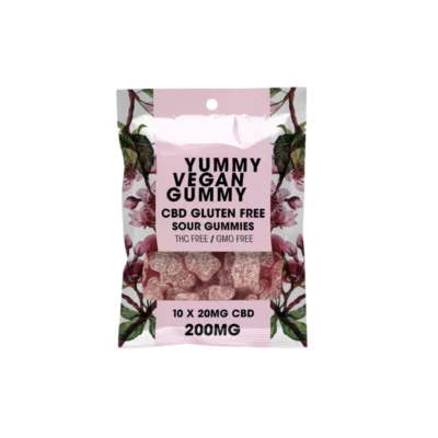 Vegan CBD sour gummies, 200mg, gluten-free, THC-free, with floral packaging.
