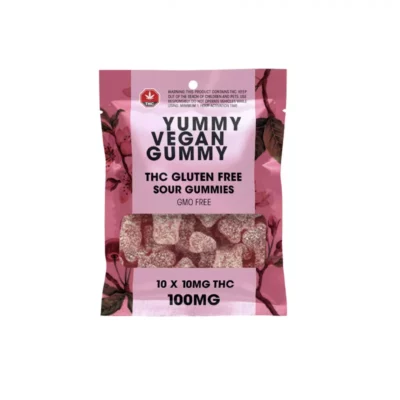 Vegan THC Sour Gummies - 100mg Gluten-Free, Sugar-Coated with Safety Warning Label