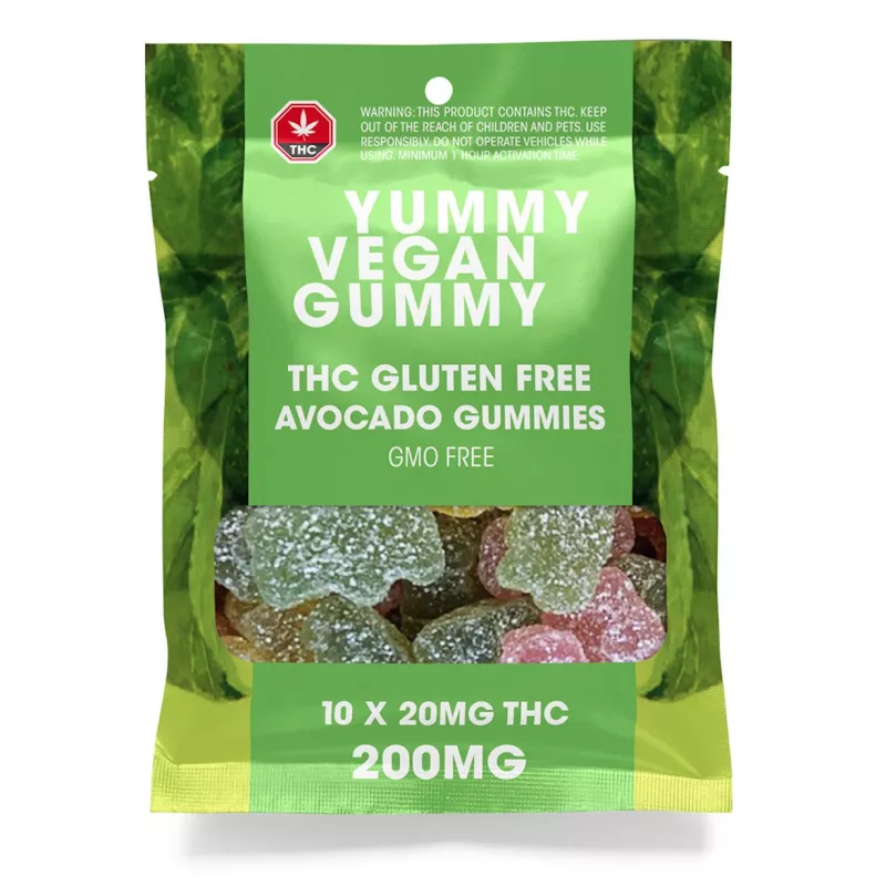 Vegan avocado THC gummies, 200mg pack, gluten-free, warning label visible.