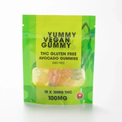 Bright green 100mg THC Vegan Avocado Gummies, gluten-free and GMO-free, with clear product window.
