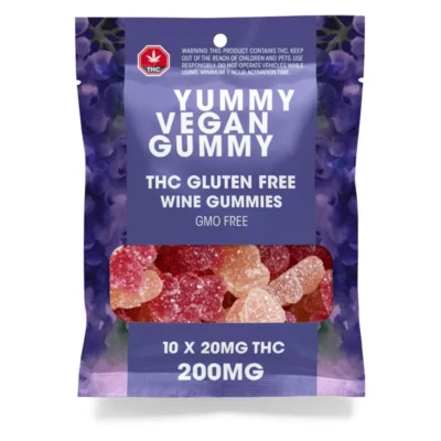 Vegan grape-flavored THC gummies, gluten and GMO-free, 200mg pack.