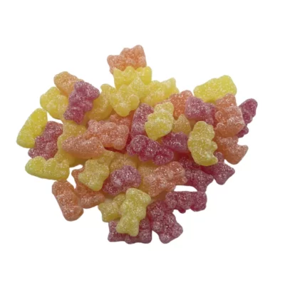 Vibrant, vegan THC-infused gummy bears with a sparkling sugar coat.