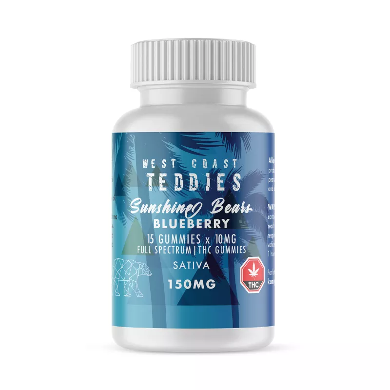 West Coast Teddies Blueberry Sativa THC Gummies 150mg - Tropical Bear-Shaped Edibles.