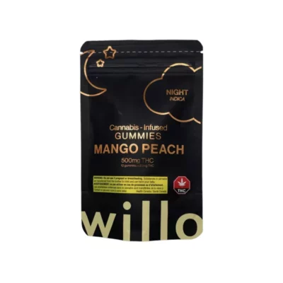 Willo Indica Mango Peach cannabis gummies with 500mg THC and warning label.