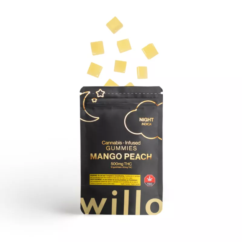Willo Mango Peach Indica Gummies, 500mg THC, nighttime relaxation.