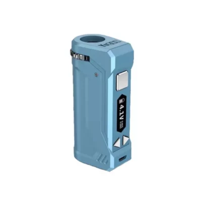 Blue Yocan UniPro 4-in-1 portable vape battery with ergonomic design and user controls.