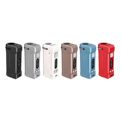 Yocan Unipro Batteries in black, gray, white, brown, red with bold GENIE branding.
