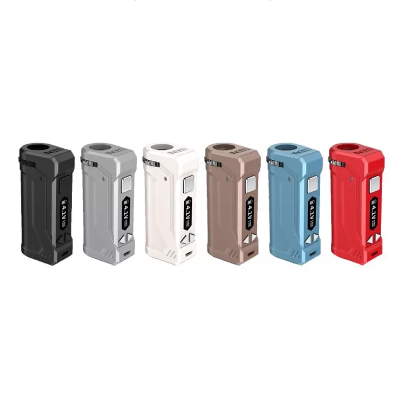 Yocan Unipro Batteries in black, gray, white, brown, red with bold GENIE branding.