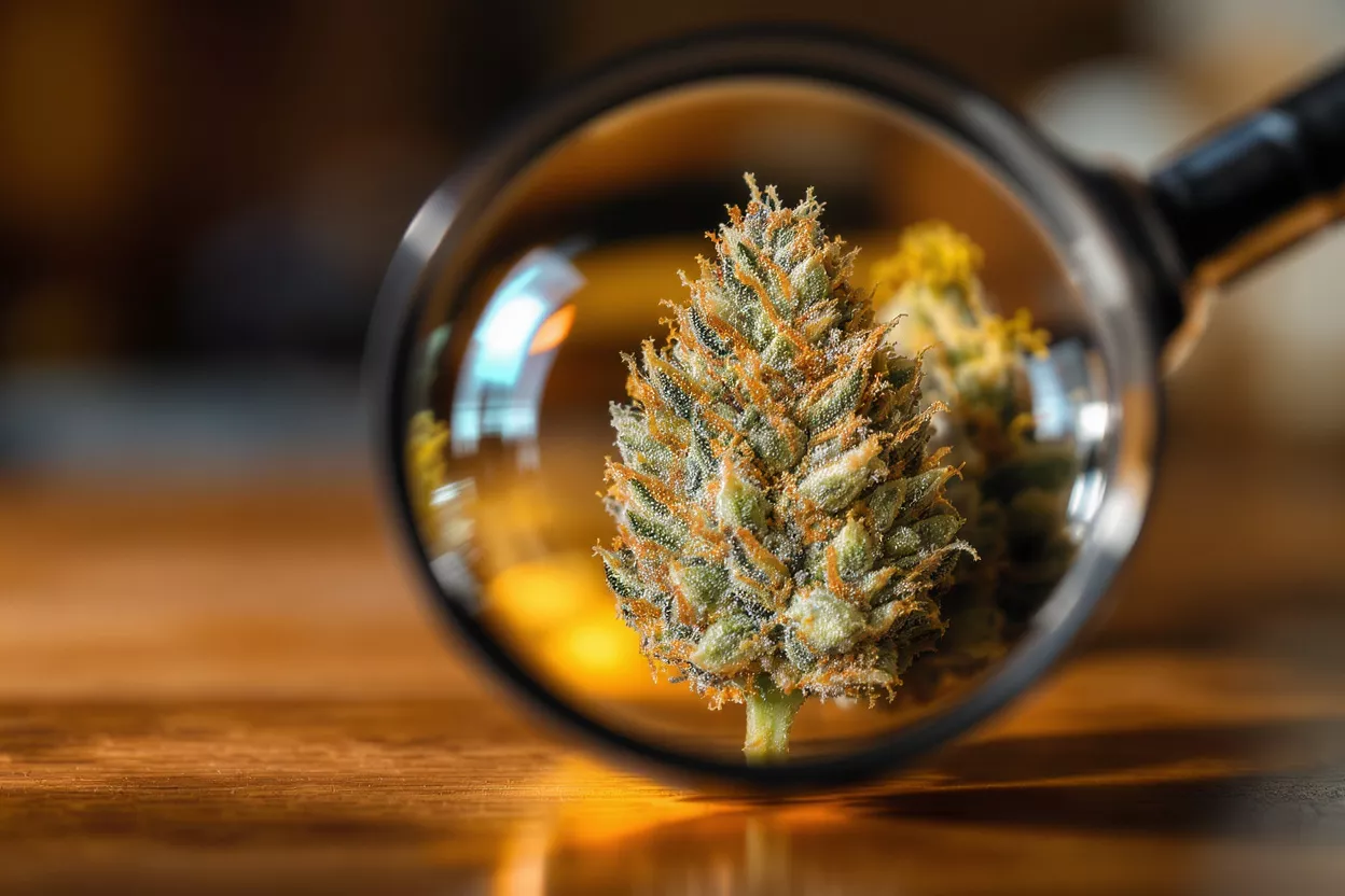 Close-up view of cannabis bud under magnifying glass