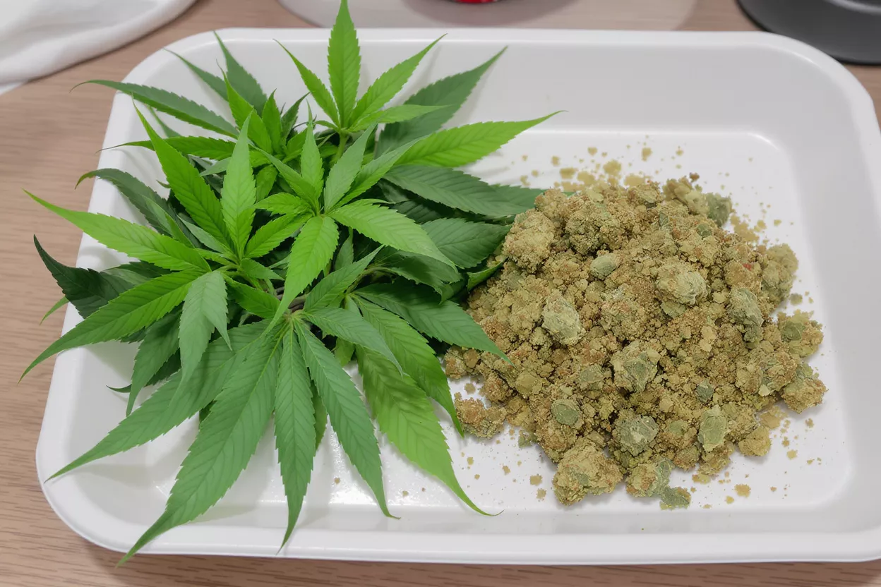 Fresh cannabis leaves next to processed cannabis product