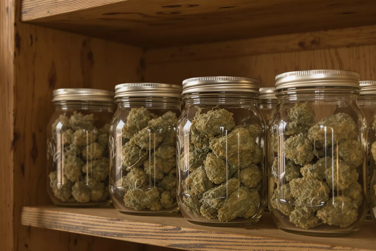 Jars filled with cannabis buds on a wooden shelf