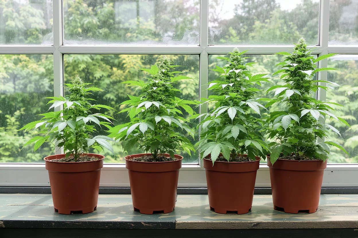 Four cannabis plants in pots on a windowsill