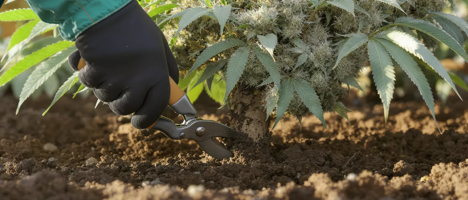 Gloved hand pruning a cannabis plant with shears in rich soil.