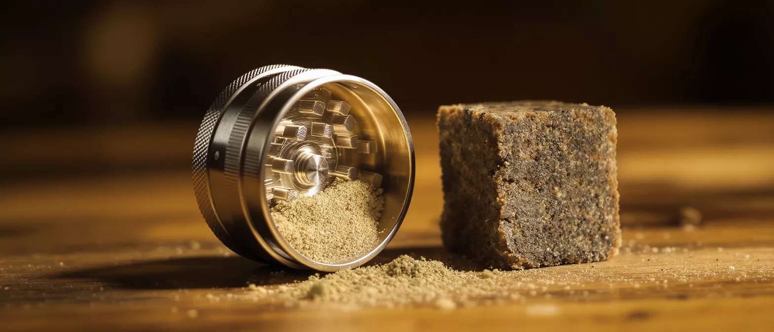 A metal grinder with kief, a pile of kief, and a hash block.