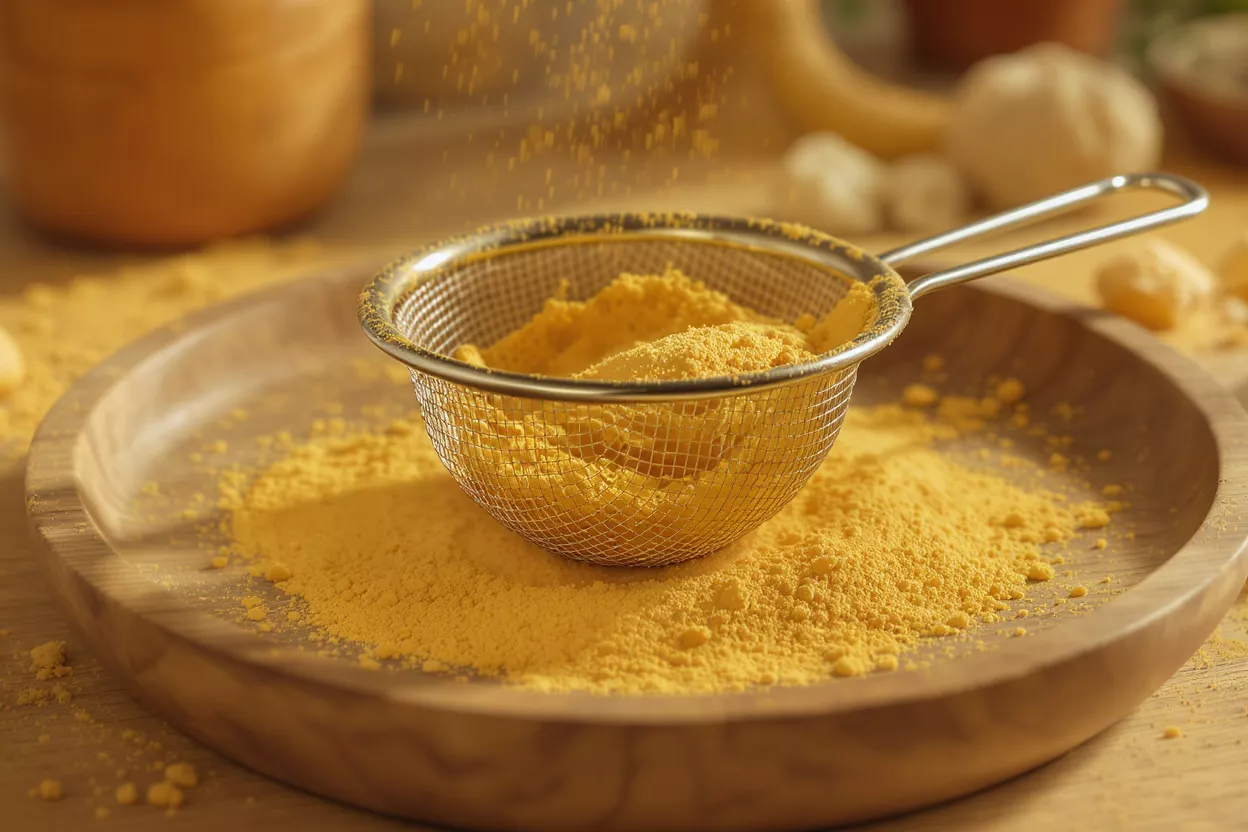 Polvo amarillo brillante siendo tamizado a través de un colador metálico sobre un plato de madera.