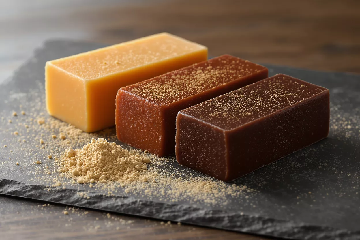 Tres barras de gelatina rectangulares en amarillo, marrón y marrón oscuro con polvo sobre pizarra.