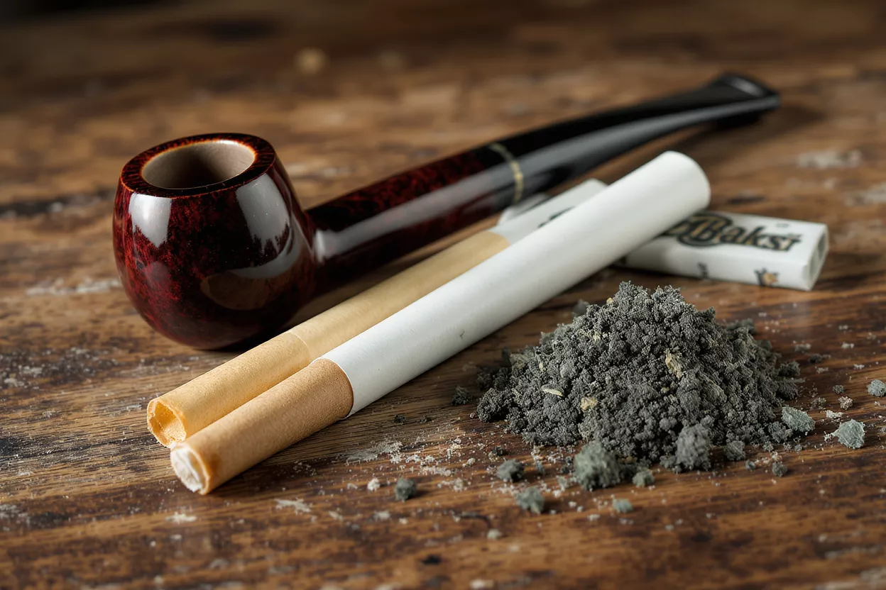 Una pipa de madera, dos cigarrillos y un montón de ceniza sobre una superficie de madera rústica.