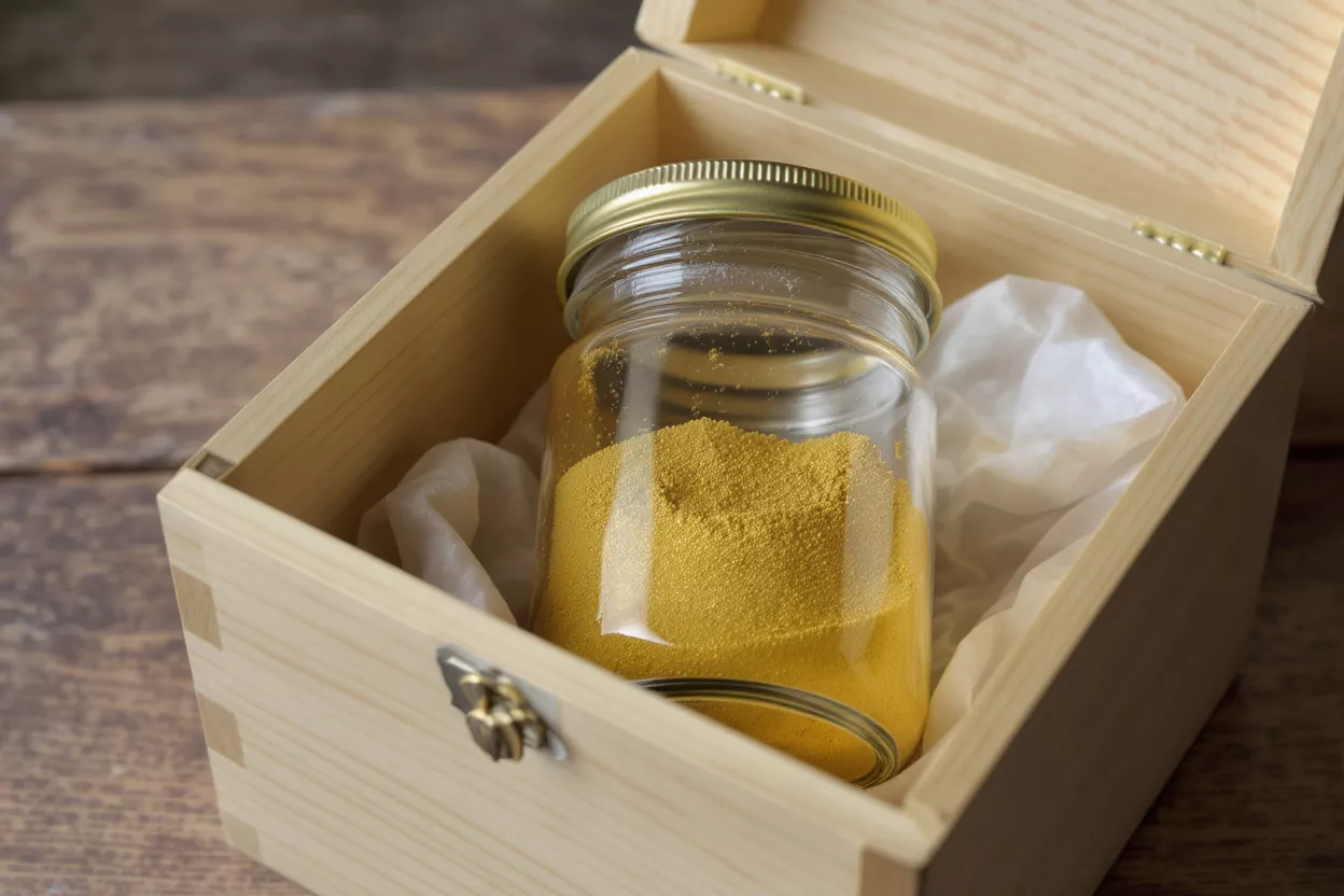Frasco de vidrio lleno de polvo de cúrcuma amarillo, acurrucado en una caja de madera.