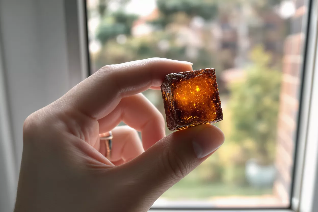 Una mano sostiene un cubo translúcido de color ámbar brillante contra un fondo de ventana desenfocado.