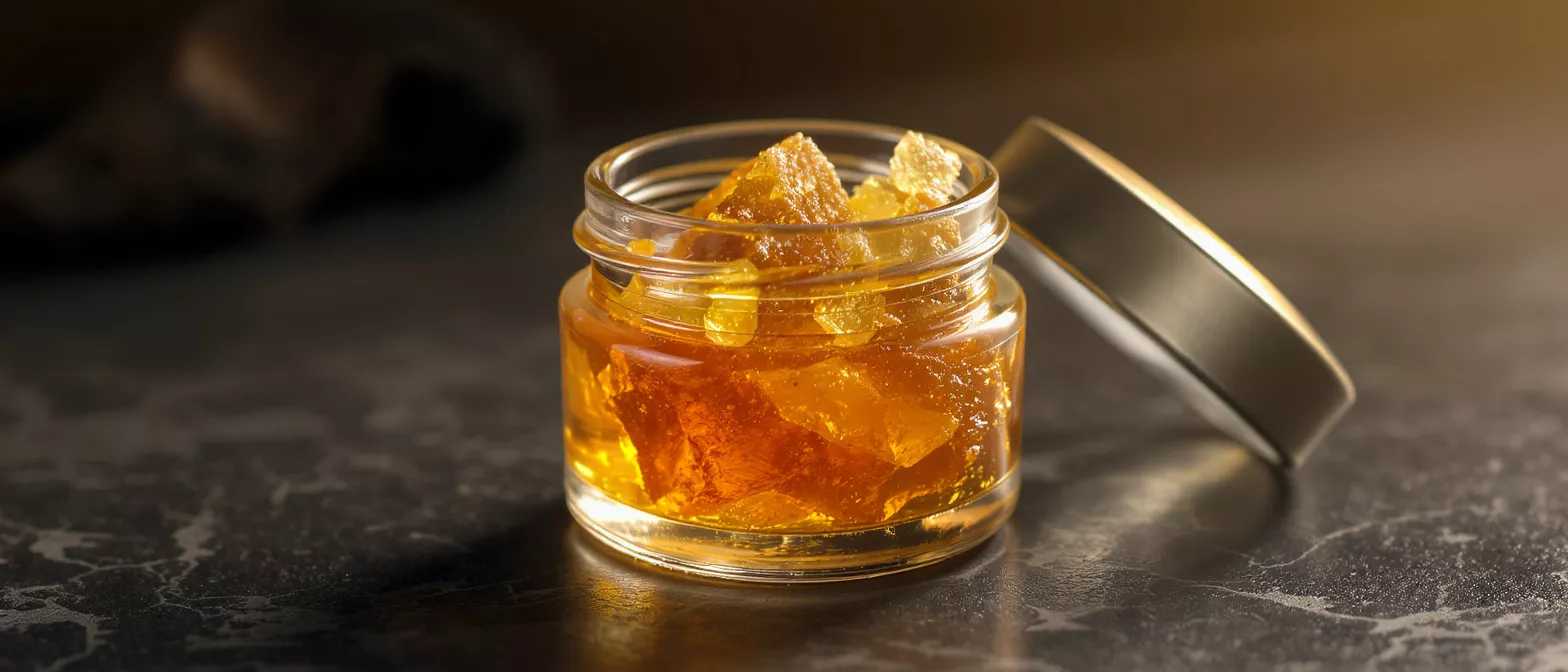 A small glass jar filled with golden cannabis shatter on a dark surface.