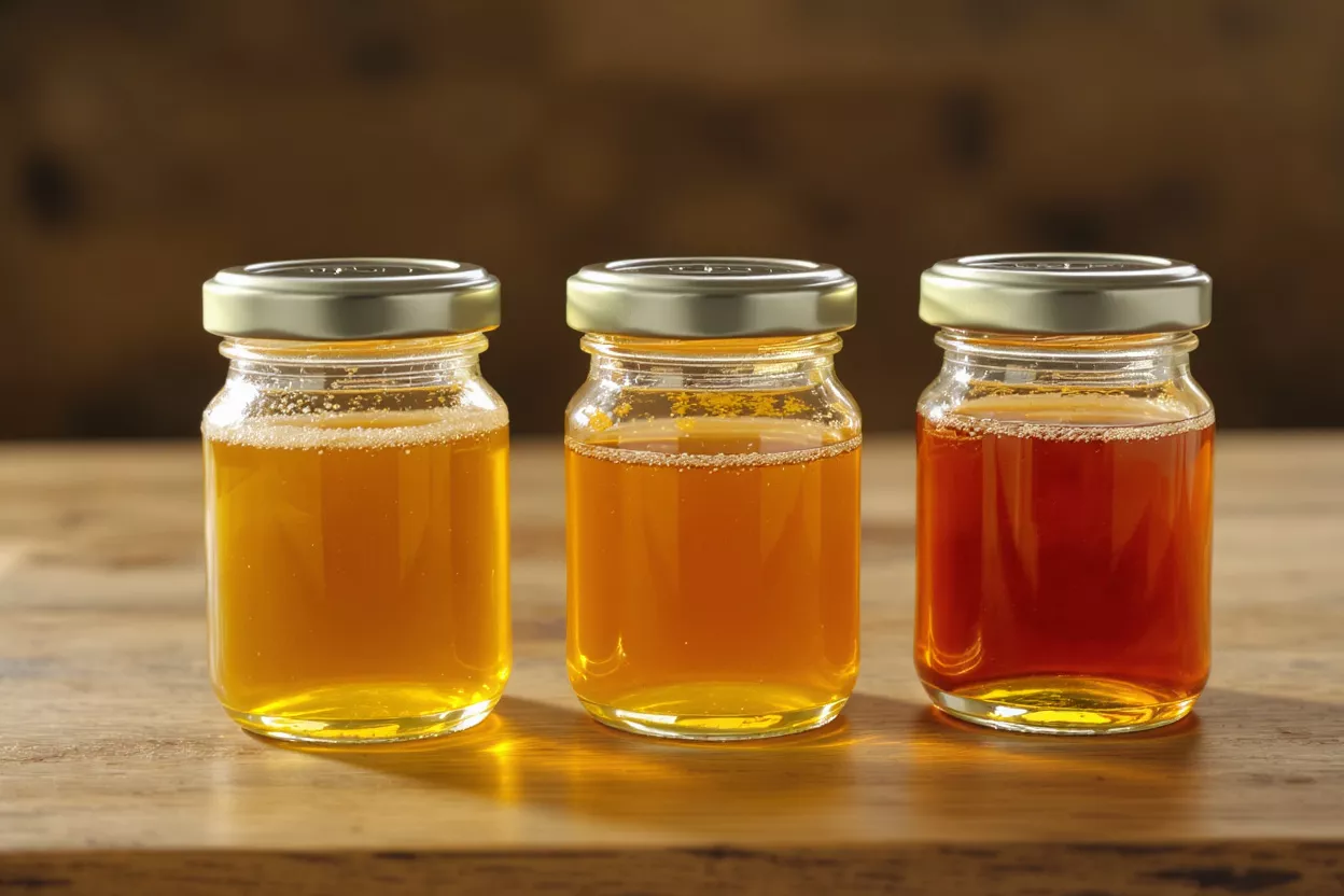 Three small glass jars of honey in varying shades of amber on a wood table.