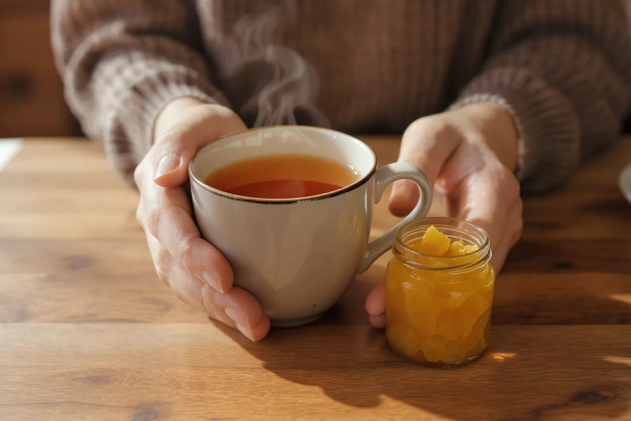 A person's hands in a sweater holding a steaming mug of tea on a table.