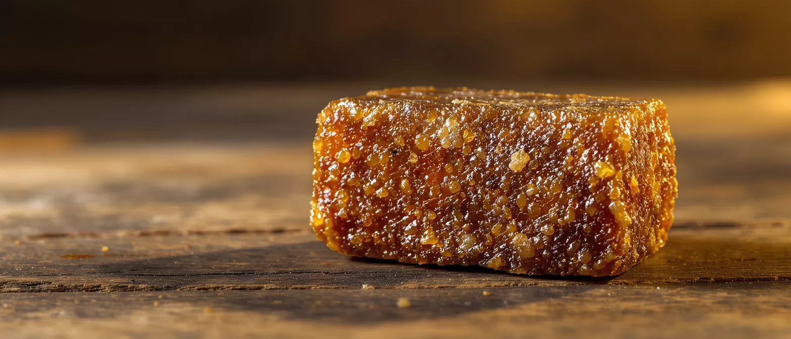 A close-up of a glowing golden-brown sweet treat on a rustic wooden surface.