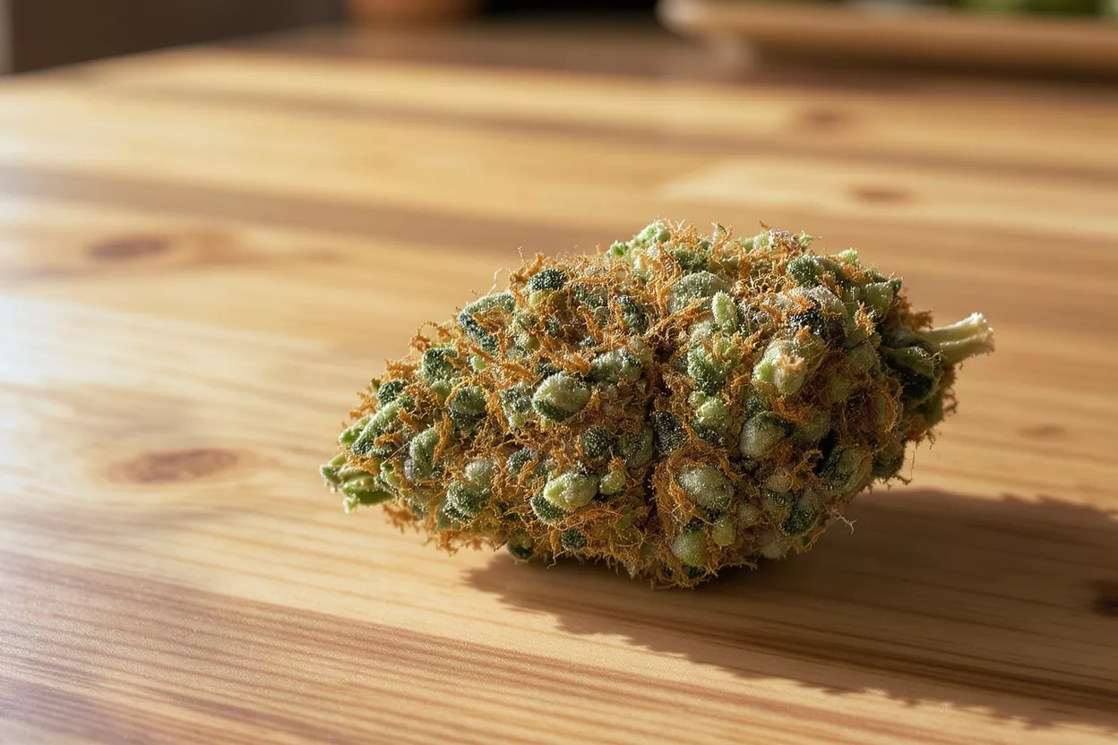 Close-up of a cannabis bud on a wooden surface