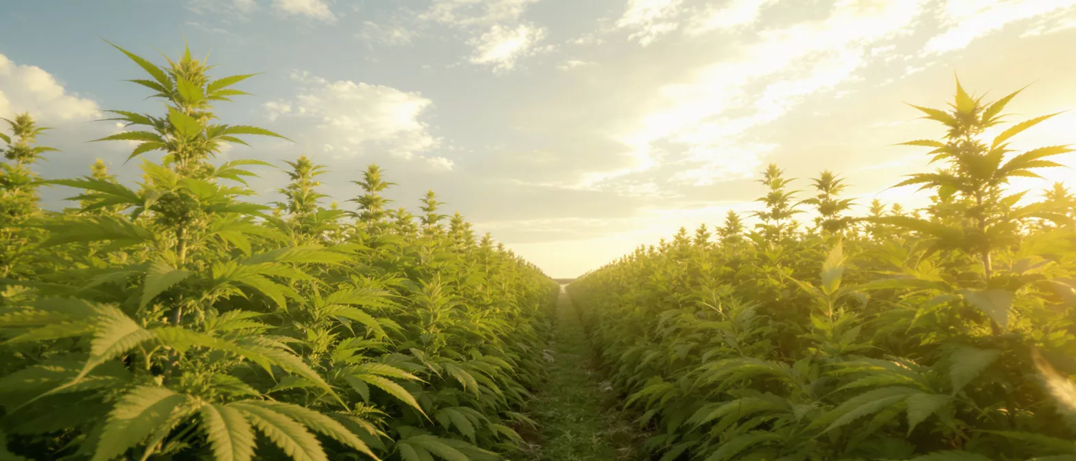 A vibrant green hemp field under a bright, golden sunset sky.