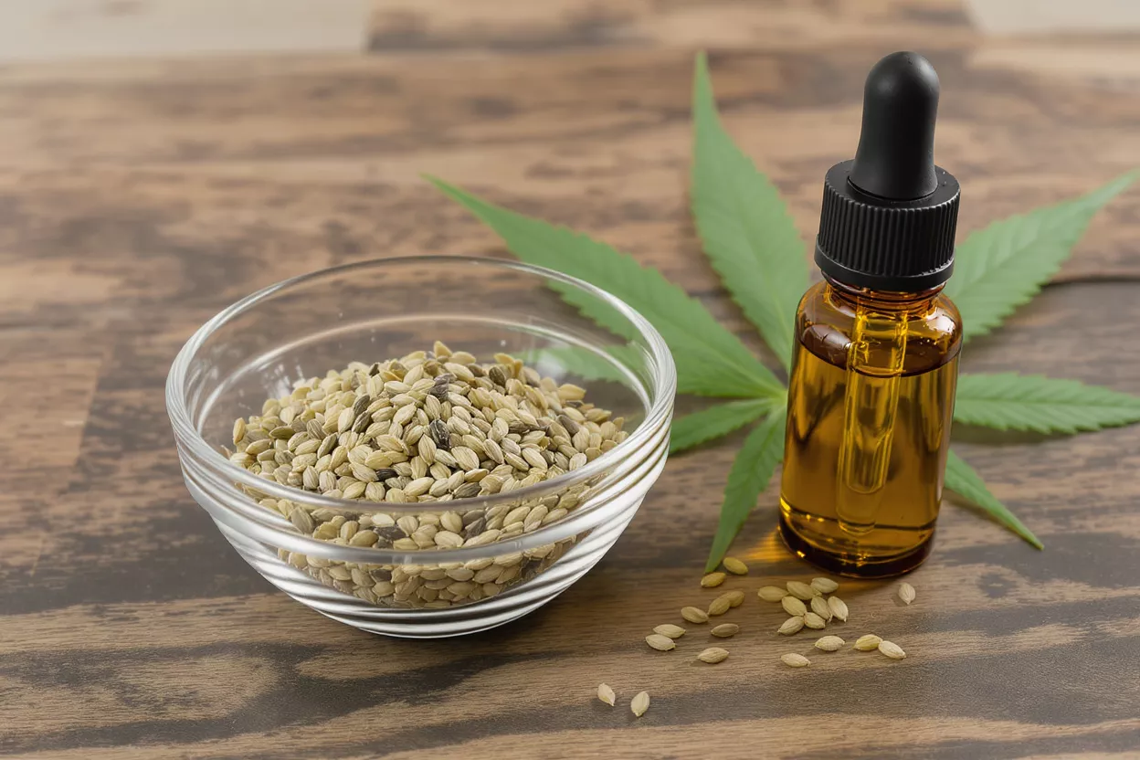 A bowl of hemp seeds, a dropper bottle of hemp oil, and a cannabis leaf.