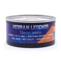 Herban Legends Neon Trees hybrid THC tin with 28.7% potency and 7 grams quantity.